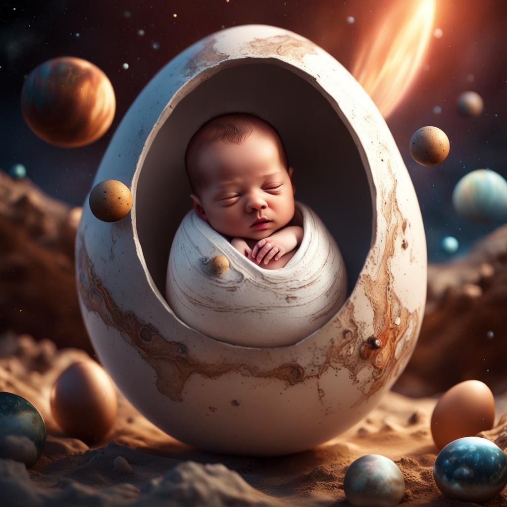Newborn Baby in Eggshell with Planets: Fantasy Art