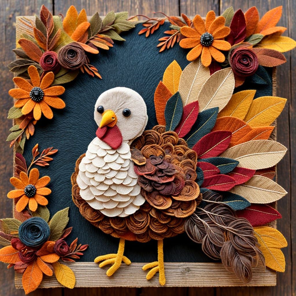 Festive Fall Turkey Fiber Art with Felt Flowers