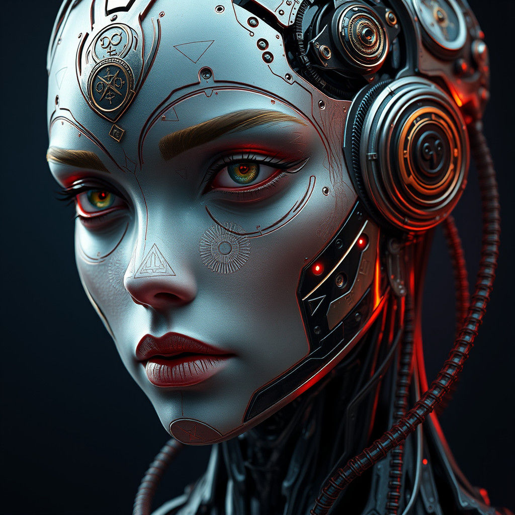 Captivating Cyborg Portrait with Major Arcana Symbols
