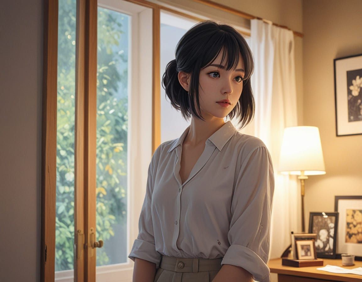 Anime Woman in Atmospheric Room, Oil Painting Style