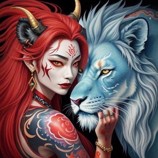 Japanese Moon Goddess with Dragon-Lion Pet in Surrealism