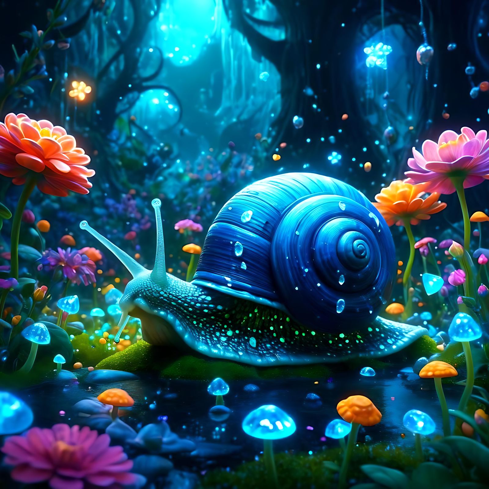Bioluminescent Snail Garden in Detailed Matte Painting
