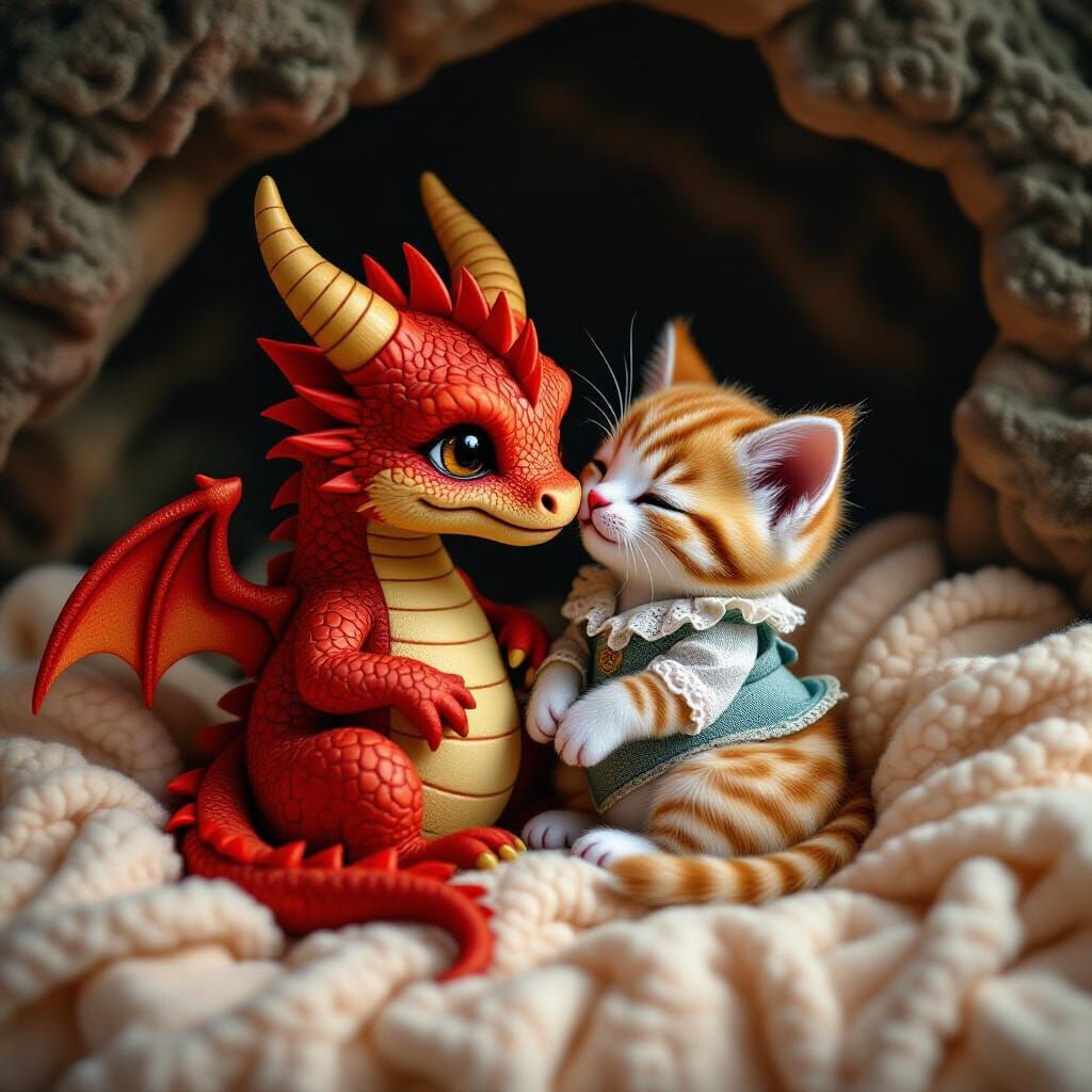 Red Dragon and Kitten Cuddle in Cave, Digital Art