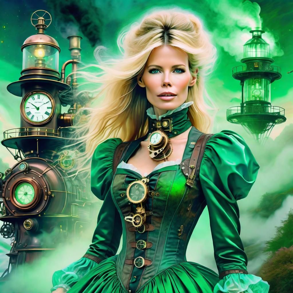 Steampunk Woman in Green Dress, Digital Illustration
