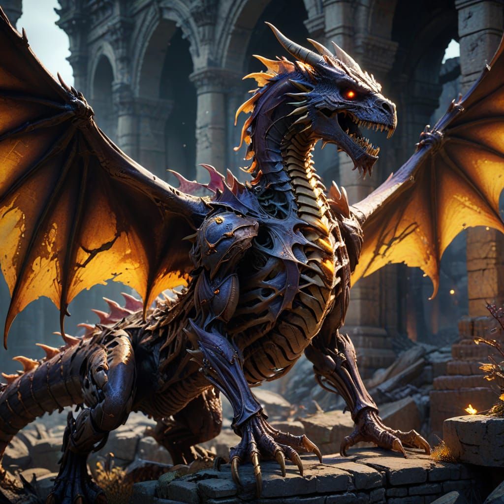 Skeleton Dragons Clash in Ancient Ruins, Dark Fantasy Concep...