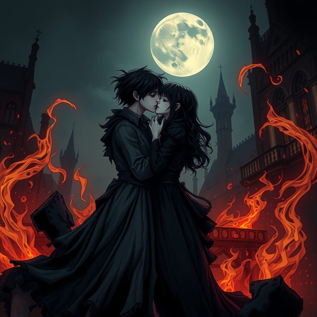 Ethereal Goth Emo Couple Embracing in Ashes