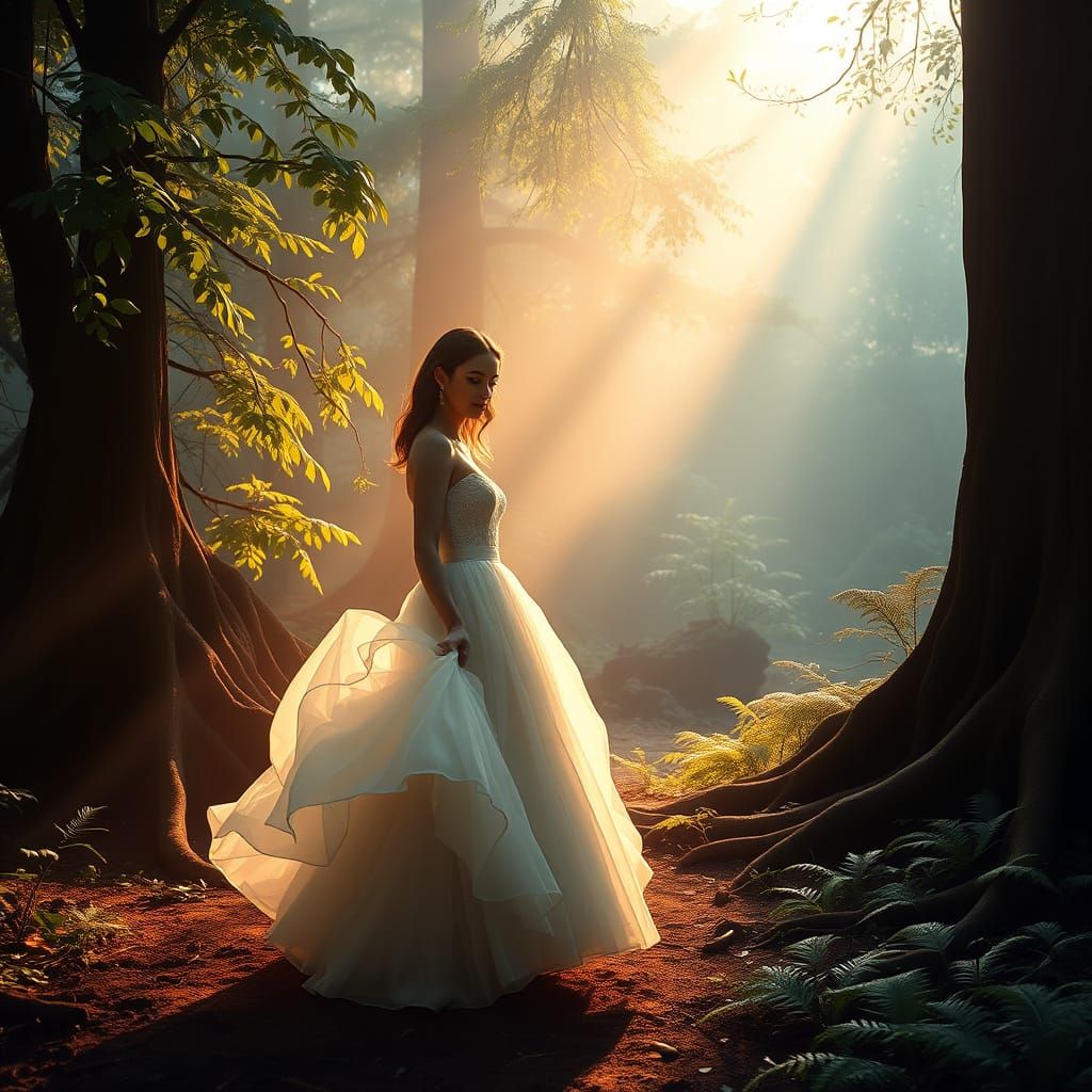 Radiant Woman in Forest Glade at Dawn