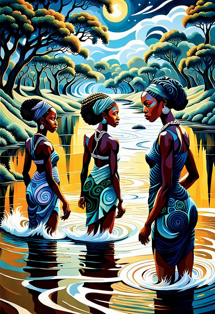 Celestial African Women at River, Post-Impressionist Oil