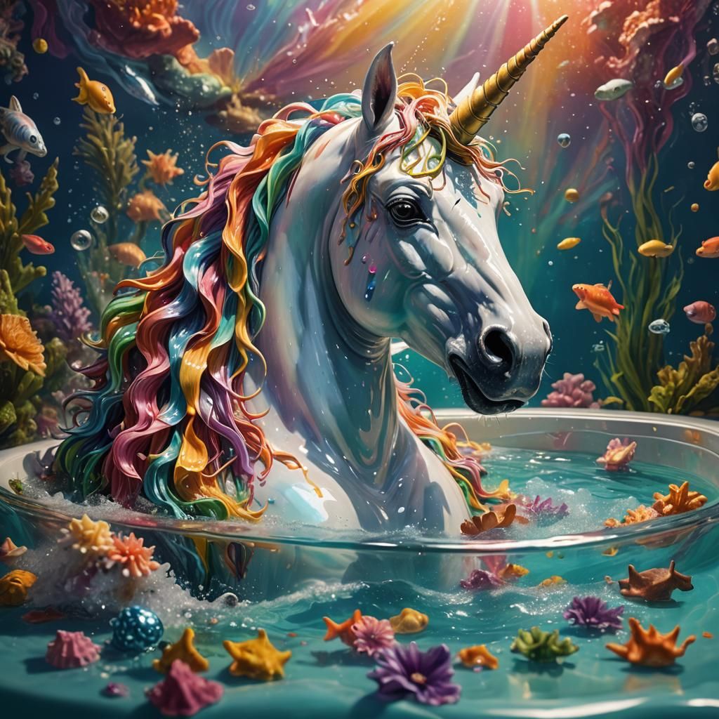 Psychedelic Unicorn's Underwater Bath: Hyperrealistic Splash...