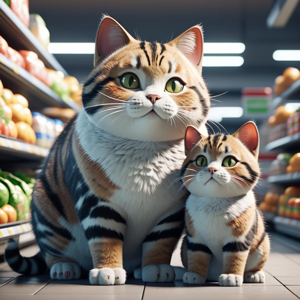 Chubby Mother Cat and Kittens at Supermarket, 3D Render