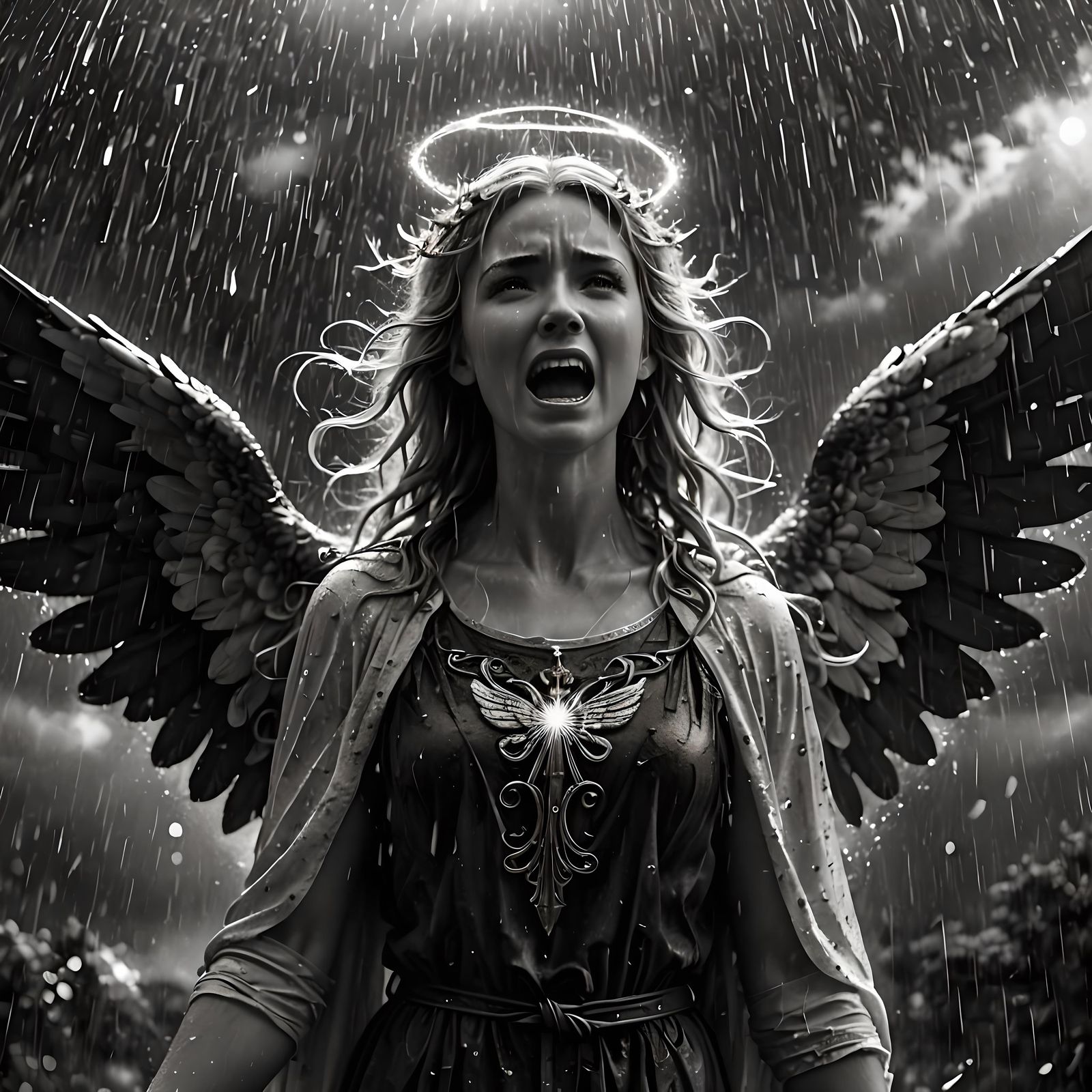 Striking Black and White Angel in Anguish