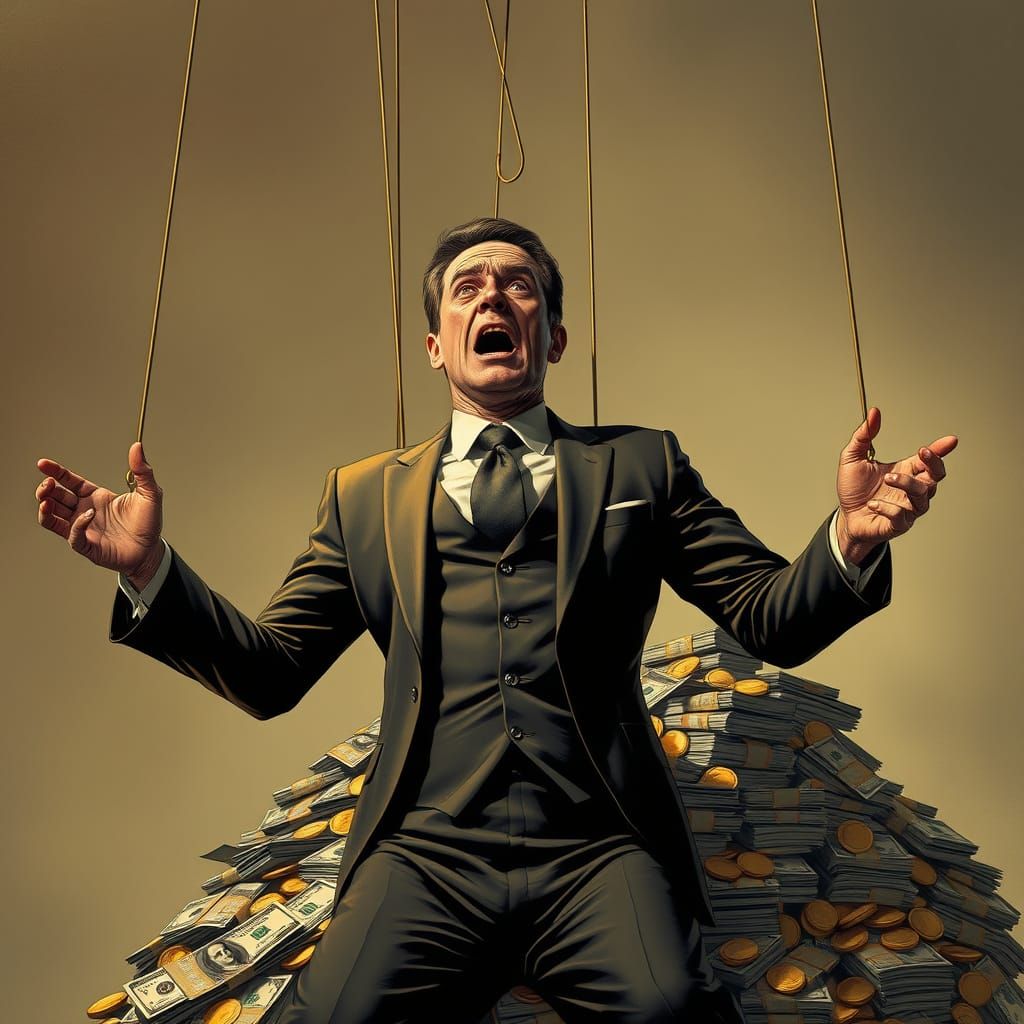 Man Trapped by Puppet Strings of Greed and Corruption