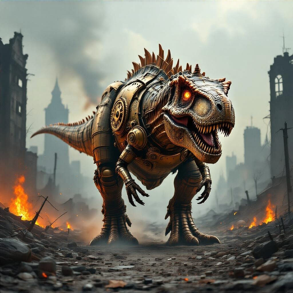 Steampunk T-Rex in Post-Apocalyptic City Oil Painting
