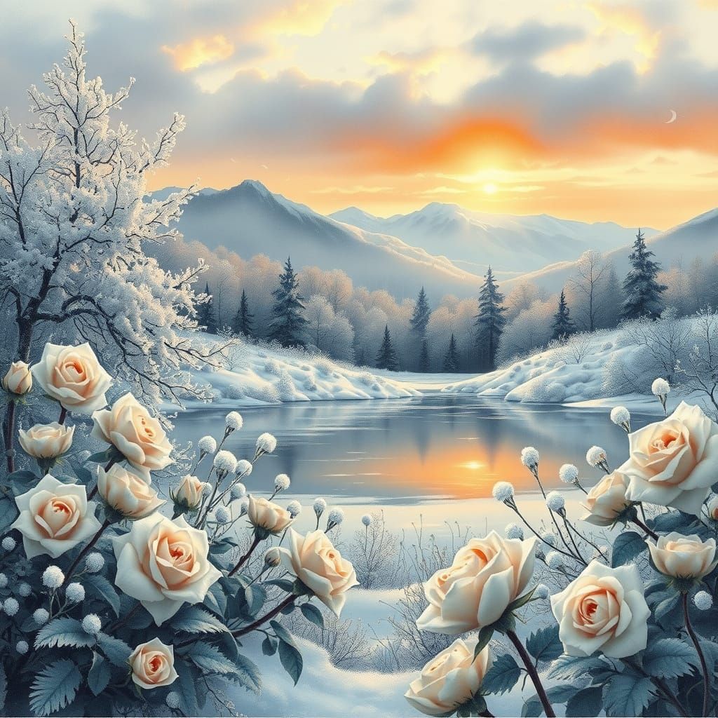Ethereal Frozen Roses in Sunrise Mist