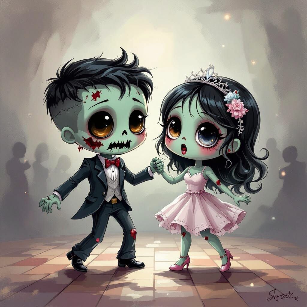 Cute Chibi Zombie Couple Dancing at Prom