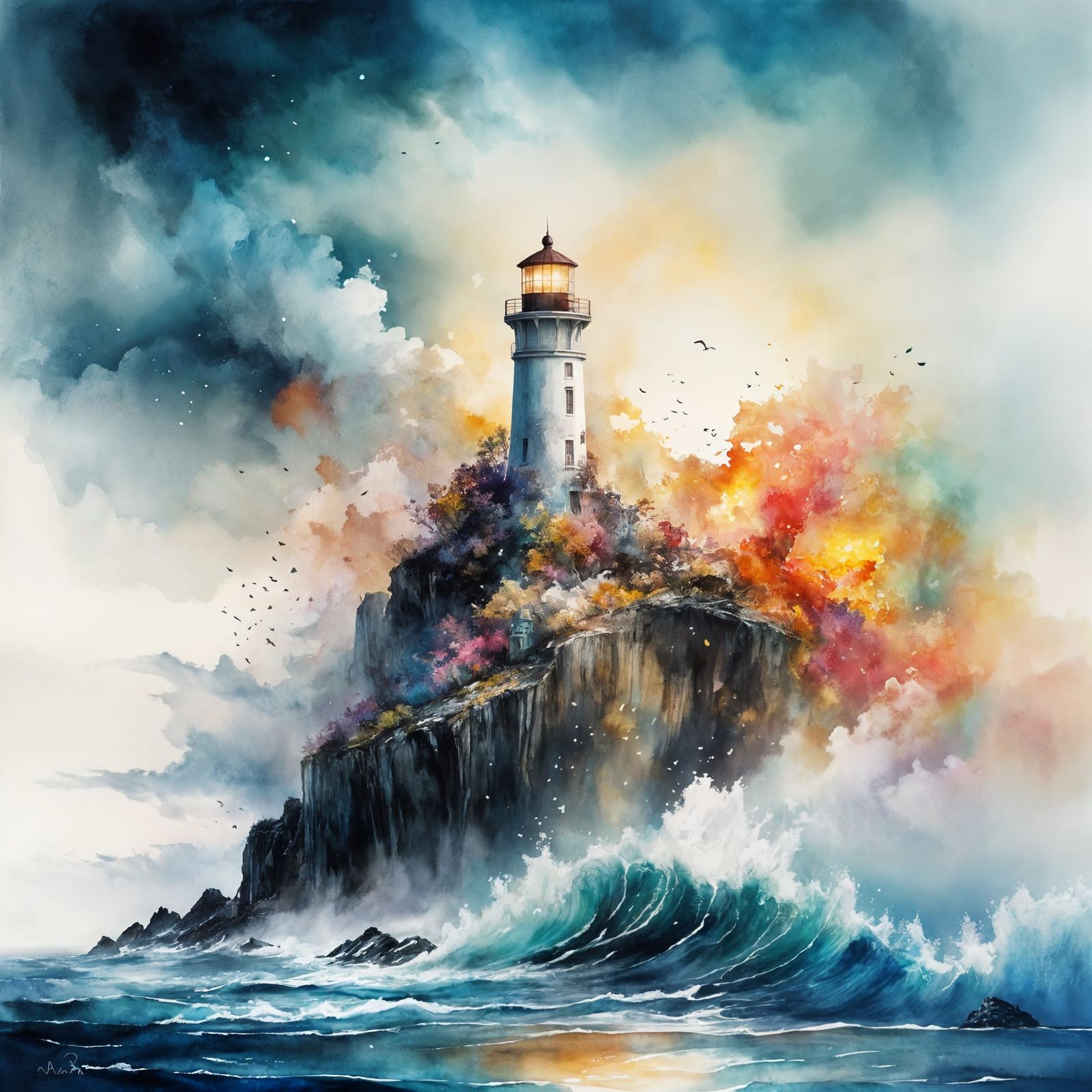 Stunning Pastel Lighthouse Scene in Watercolor Style
