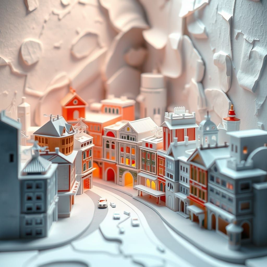 Intricate Paper City Diorama with Soft Lighting