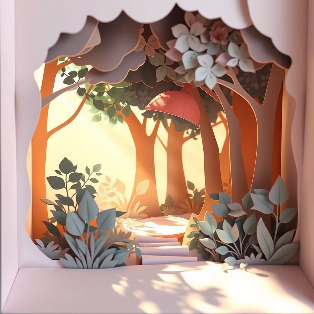 Whimsical Paper Forest Diorama with Dappled Sunlight