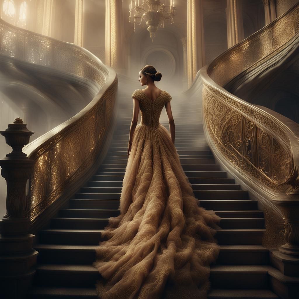 High Fashion Model on Lavish Staircase in Digital Painting