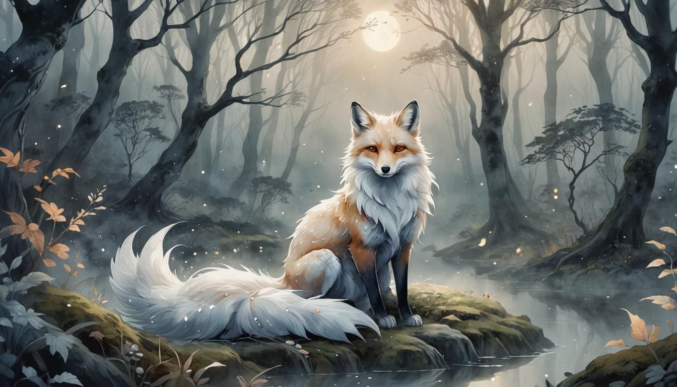 Mystical Nine-Tailed Fox in Moonlit Forest