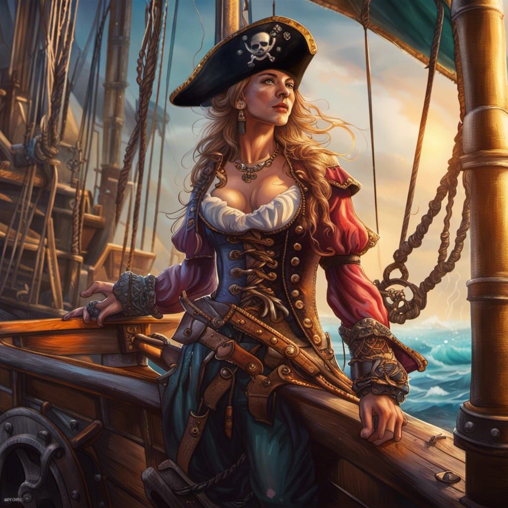 Hyperrealistic Pirate Queen on Ship: Splash Art