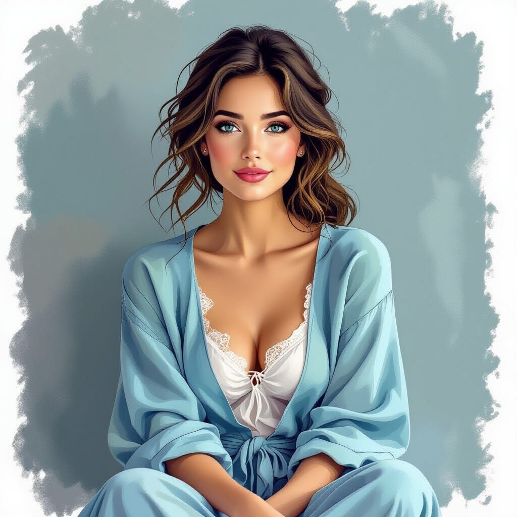 Woman in Velvet Robe with Blonde Ponytail, Blue-Green Eyes