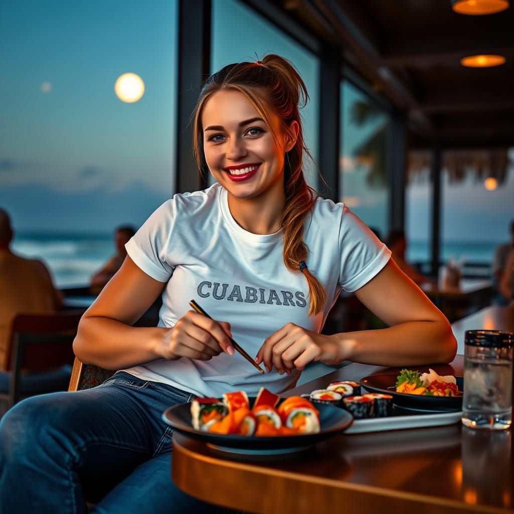 Joyful Woman Savoring Sushi in Miami, Editorial Photography