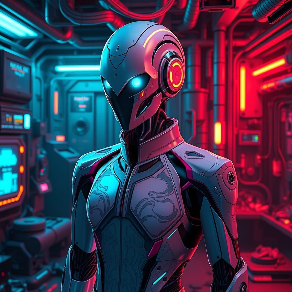 Cyberpunk Robot Servant in Futuristic Chamber