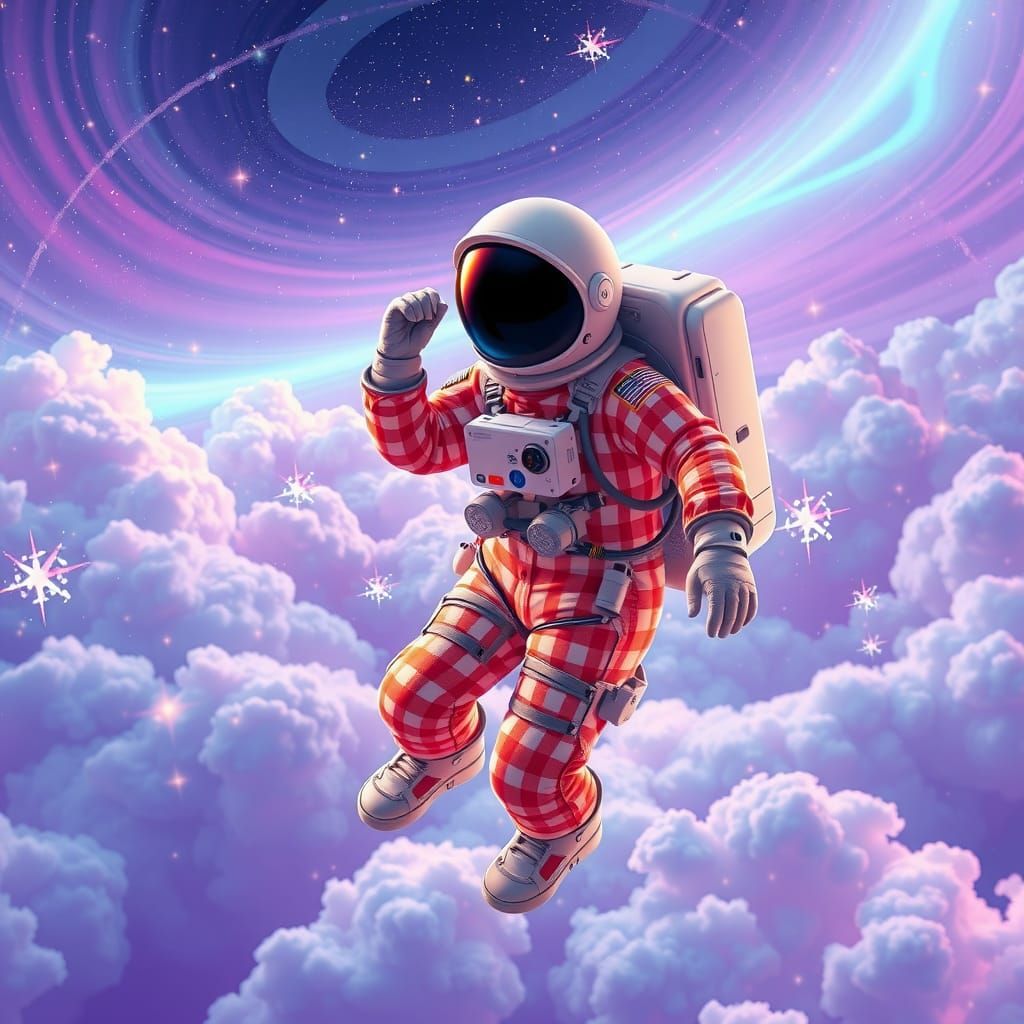 Vibrant Astronaut in Gingham Space, 3D Anime Style