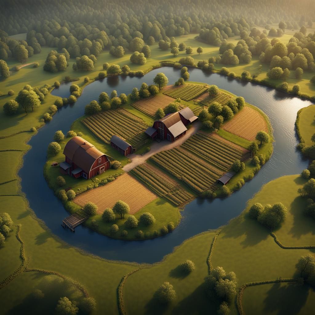 Aerial Farm View in Detailed Matte Painting Style