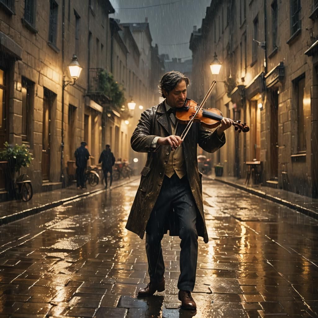 Moody Violinist Plays in Rain-Soaked Alley