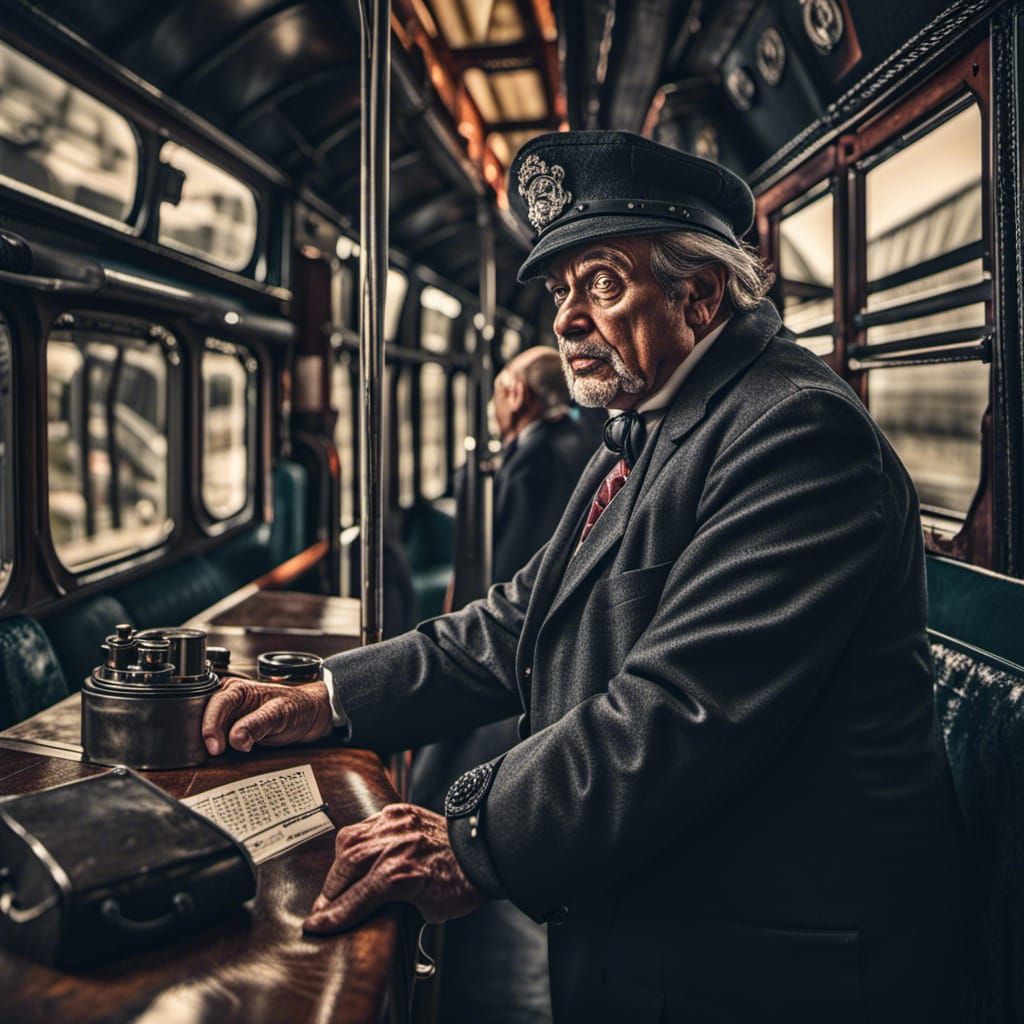 Hyperrealistic Demonic Train Conductor in Cinematic Style