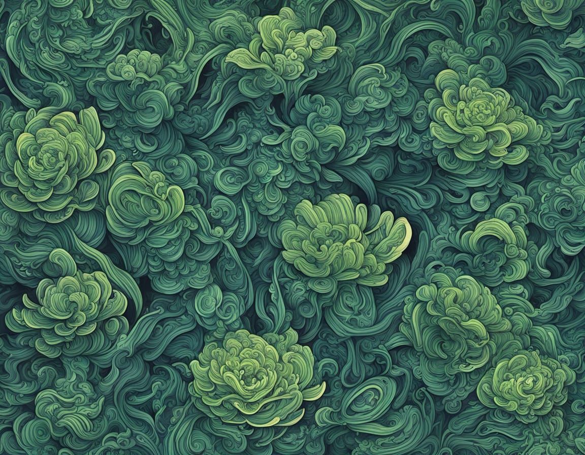 Electric Moss Abstract Artwork in Futuristic Woodcut Style