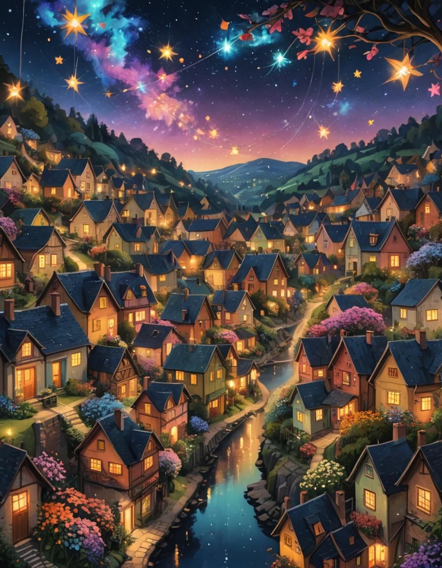 Village Lit by Flower Lights from Stars