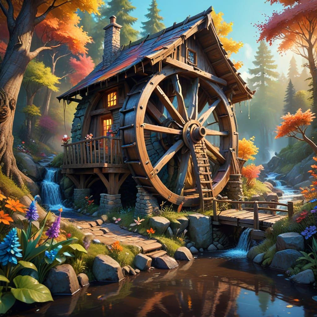 Whimsical Waterwheel Scene in Enchanted Forest Watercolor