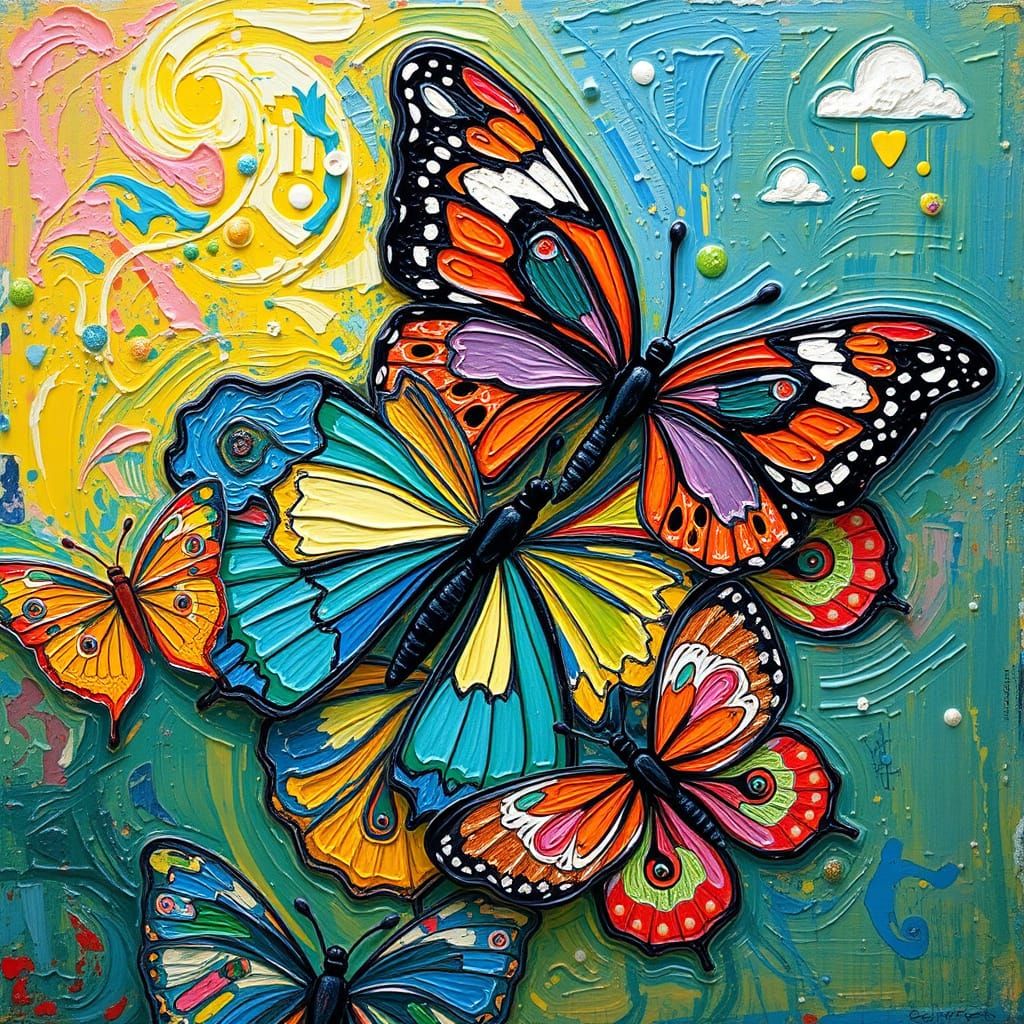 Dynamic Impasto Butterflies in Abstract Expressionist Style