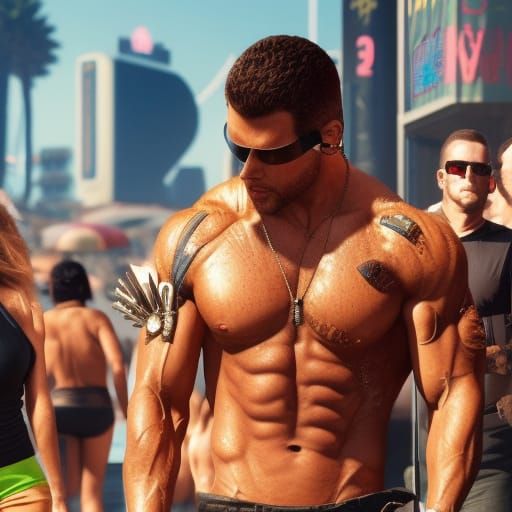 wet tanned big muscular physique half cyborg enhanced female, counting cash money, sunny day, at beach 4k