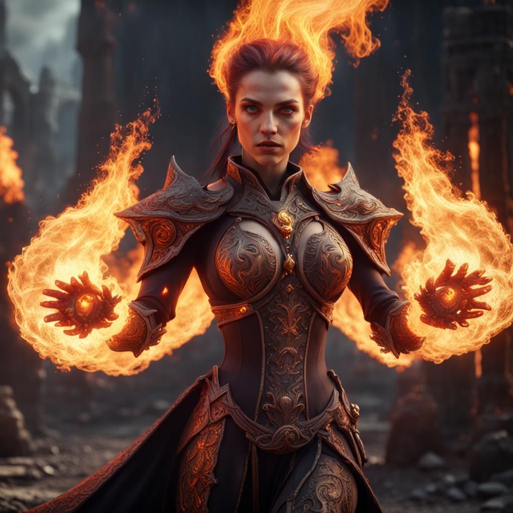 Fiery Female Villain Concept Art in 8k