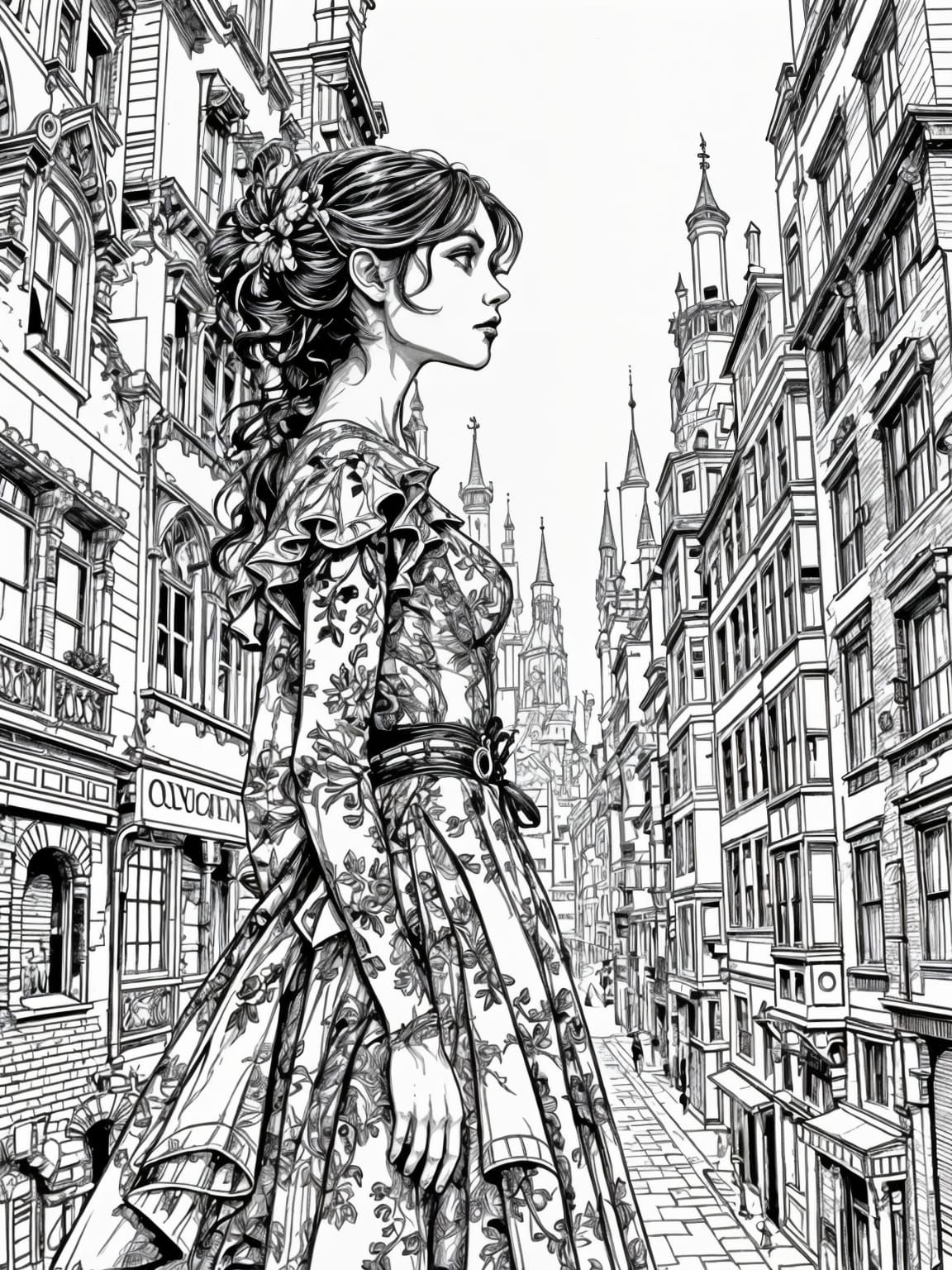 Victorian Woman in Detailed Gothic Cityscape