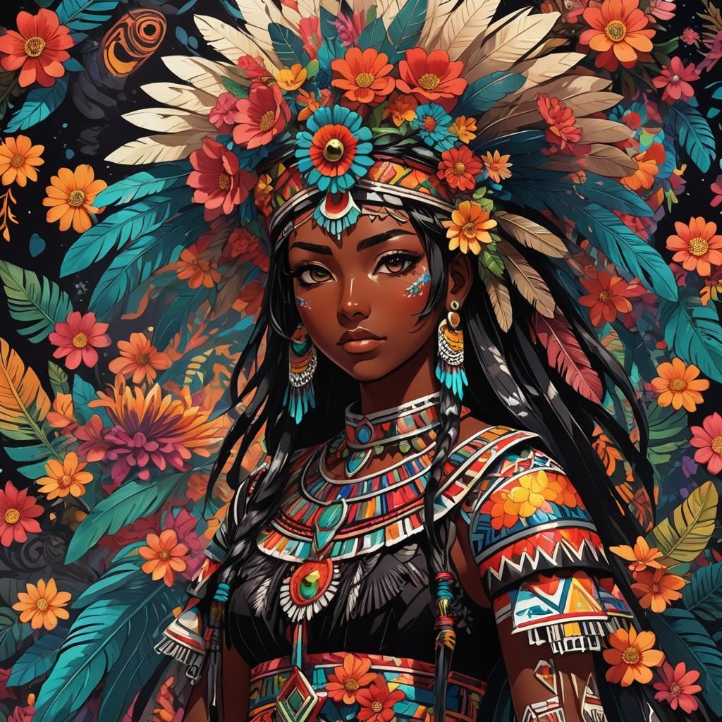 Aztec Girl with Obsidian Sword in Anime Manga Style