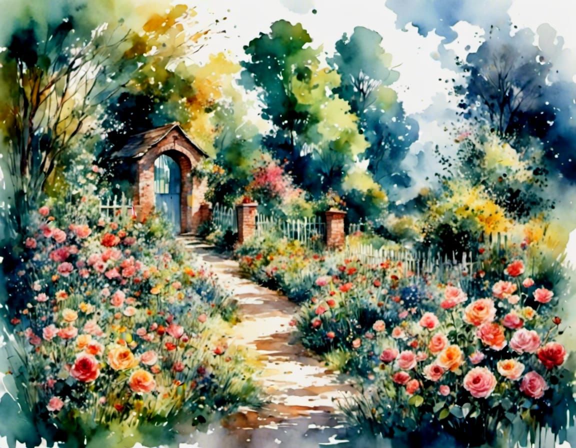 Impressionist Watercolor of a British Rose Garden