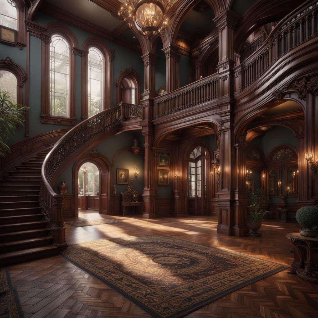 A large foyer in a Victorian mansion