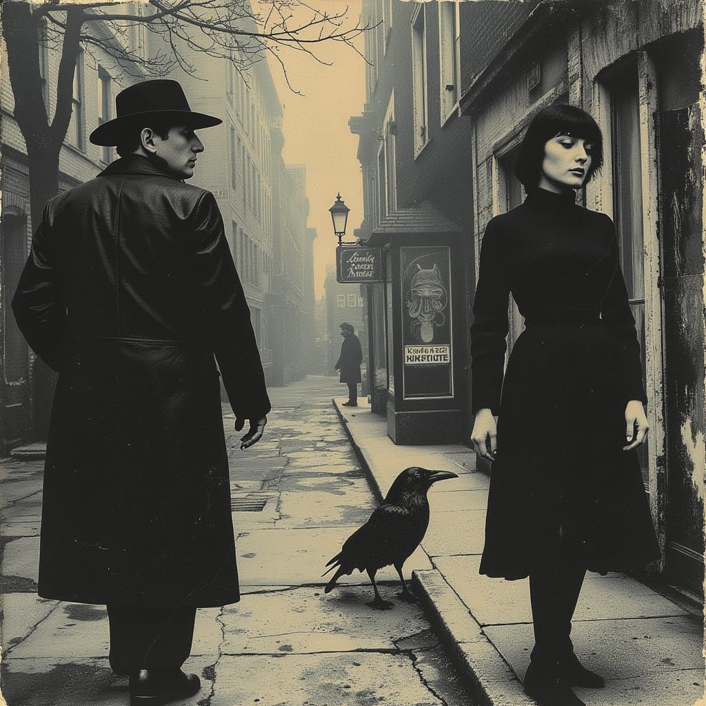 Noir Cityscape: Man and Woman in Fog, Digital Art