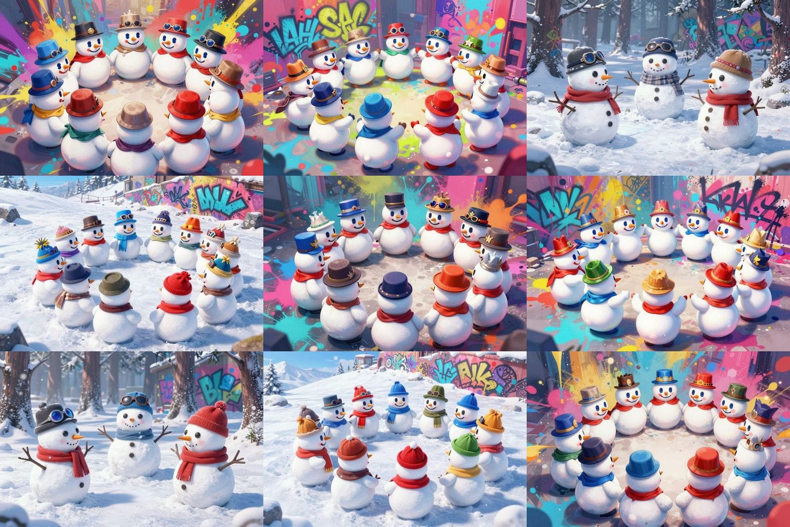 Detailed 3D Anime Snowmen in Ski Hats