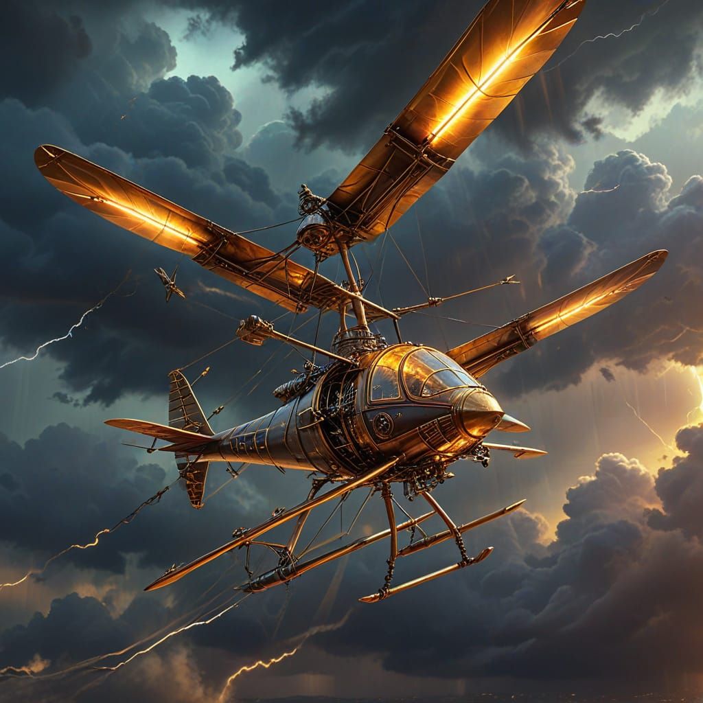 Steampunk Pilot Flies Ornithopter Through Storm
