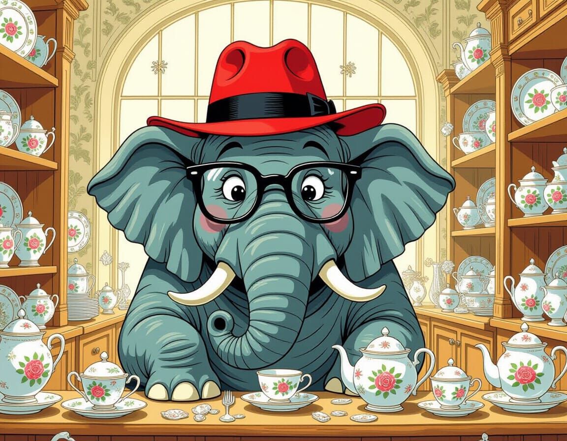 Elephant's Porcelain Shop Disaster in Whimsical Digital Art