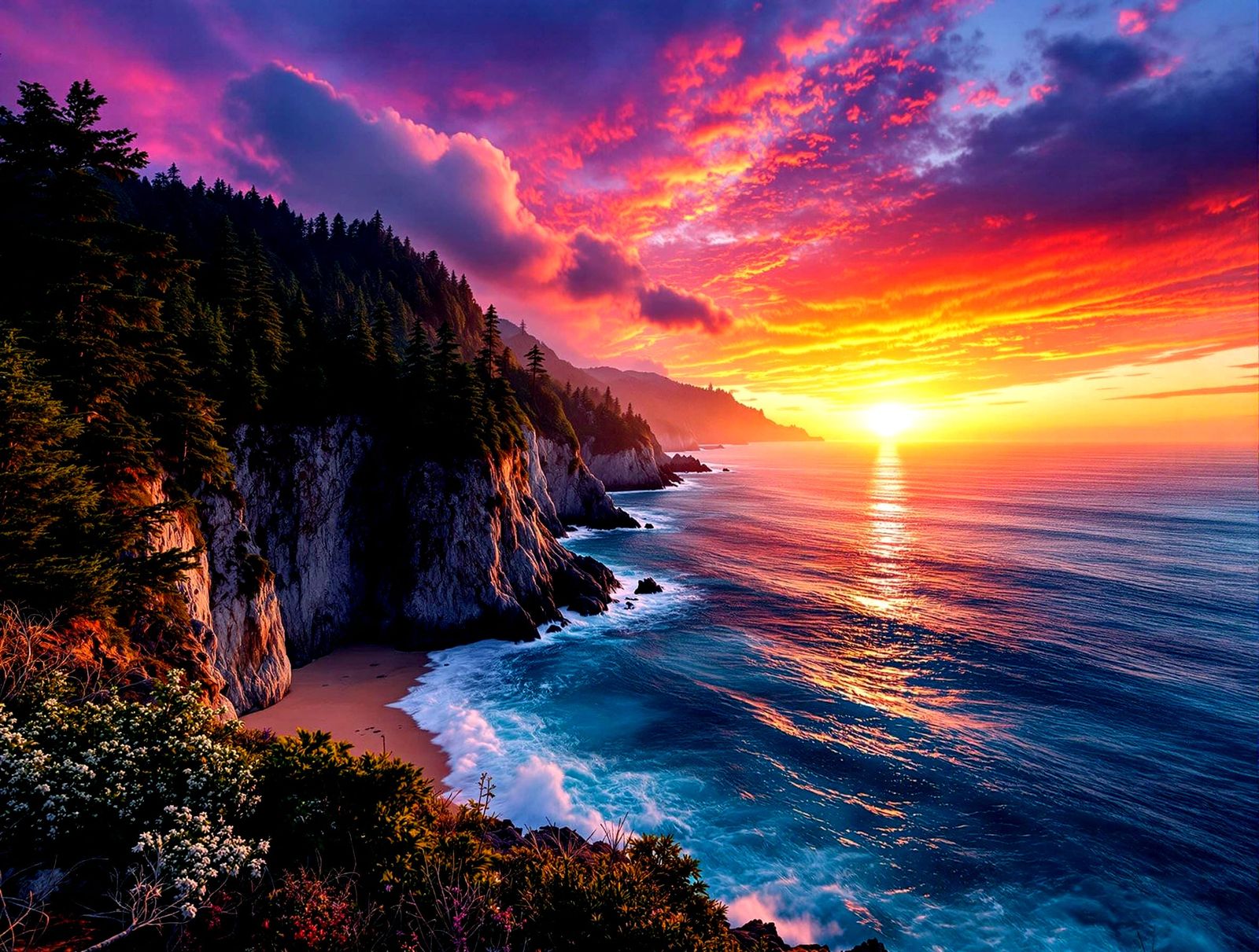 Ethereal Sunset Coastline in Hyperdetailed Photorealism