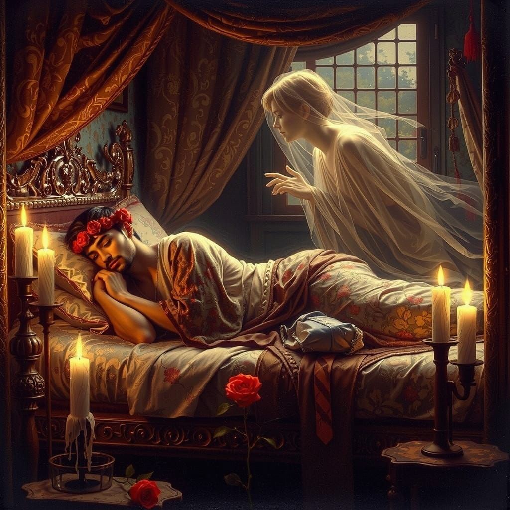 Samurai in Dreamy, Antique Bed Scene in Pre-Raphaelite Style