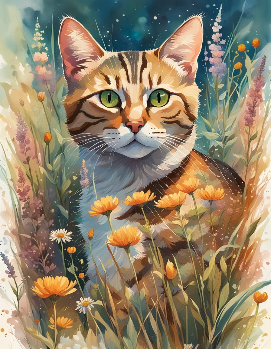 Tabby Cat in Wildflower Meadow: Fantasy Realism