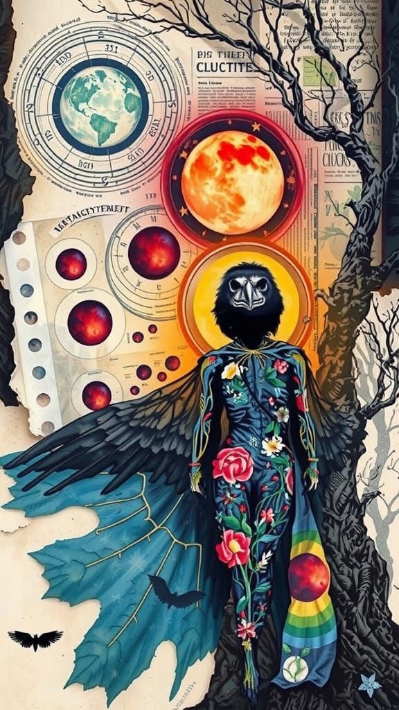 Spectral Raven on Skull with Newspaper Clippings in Sketch S...